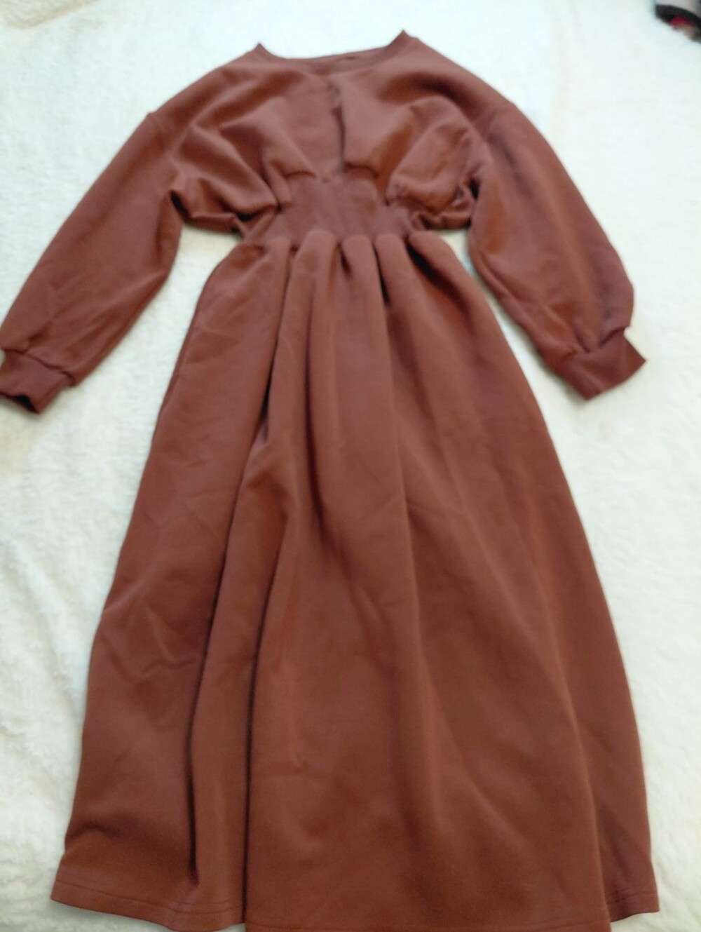 Brown Long Sleeve Midi Dress Size L Vintage Inspired Elastic Waist Modest Boho